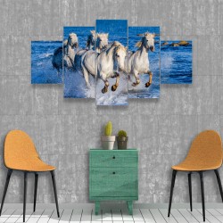 Quadro decorativo mosaico, foto tema Cavalos Brancos, Mdf 2,5mm 115x60cm 5pçs