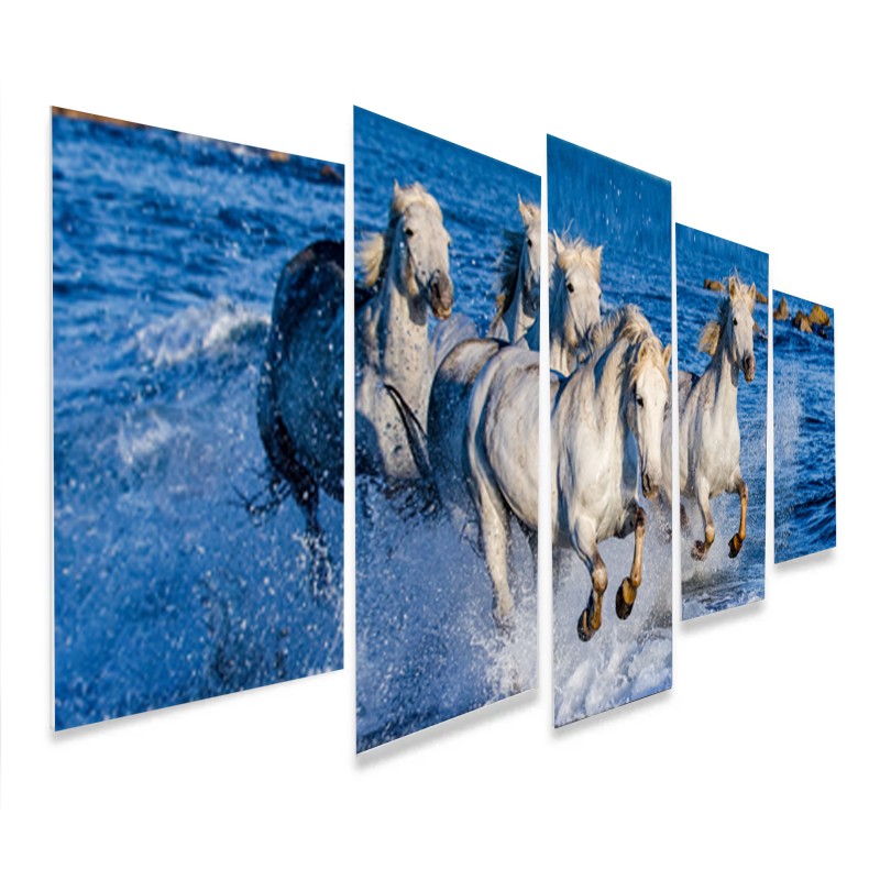 Quadro decorativo mosaico, foto tema Cavalos Brancos, Mdf 2,5mm 115x60cm 5pçs